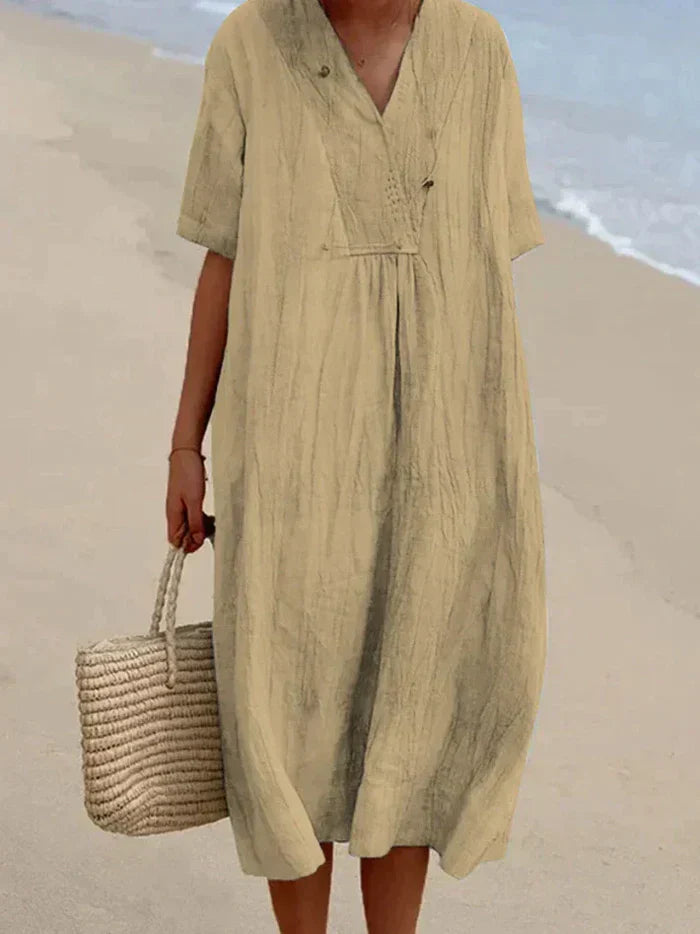 Women’s Relaxed Midi Dress with V Neck and Loose Fit