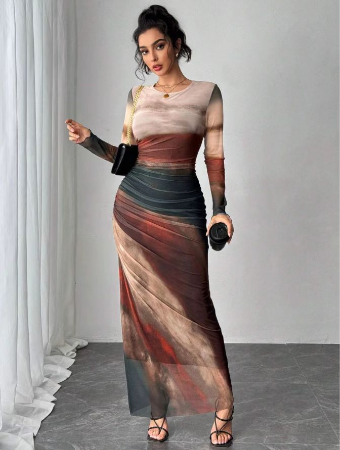 Women's Printed Bodycon Maxi Dress Long Sleeve
