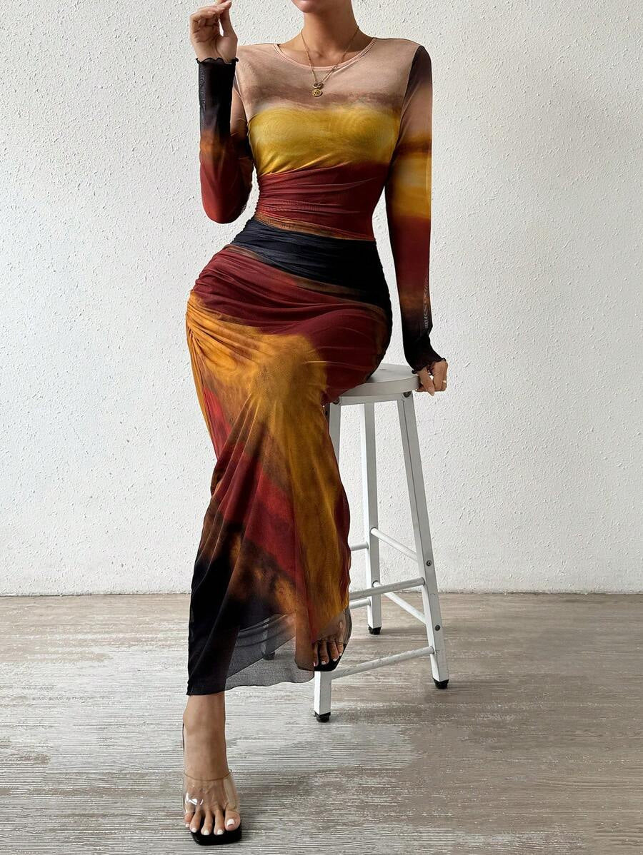Women's Printed Bodycon Maxi Dress Long Sleeve