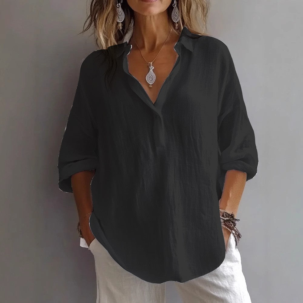 Women's Relaxed Casual Shirt with Button Placket and Wide Sleeves