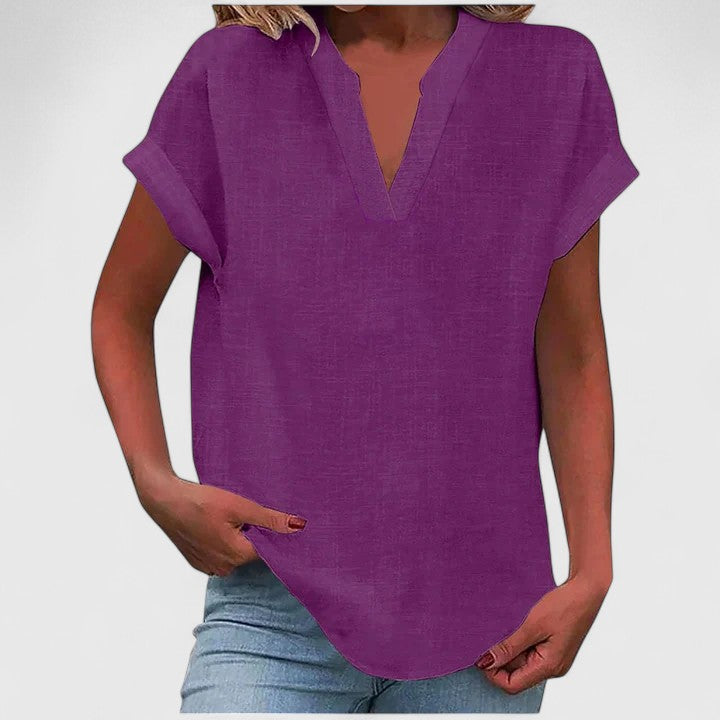 Women's V-Neck Blouse with Rolled Sleeves