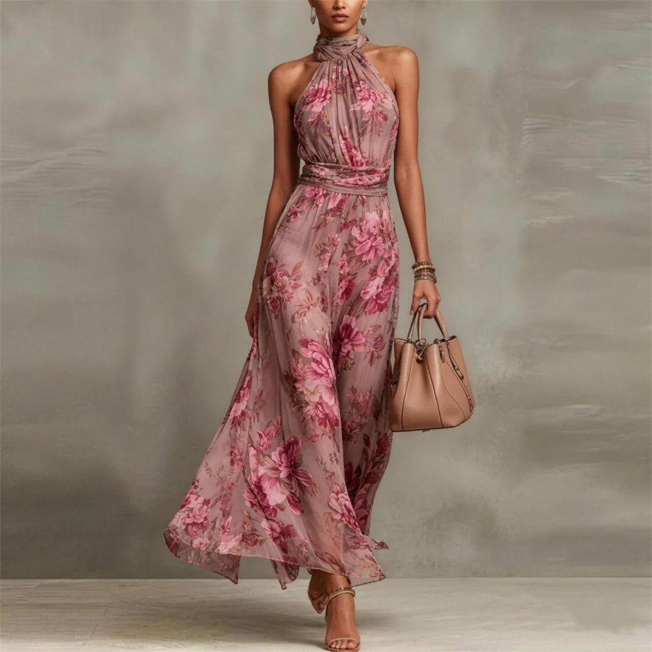 Women’s Floral Halter Maxi Dress with Flowing Skirt