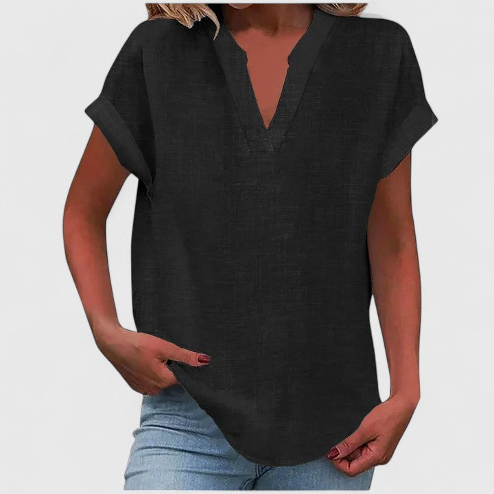 Women's V-Neck Blouse with Rolled Sleeves