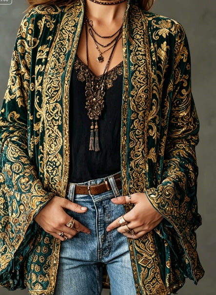 Women's Velvet Boho Paisley Kimono Cardigan