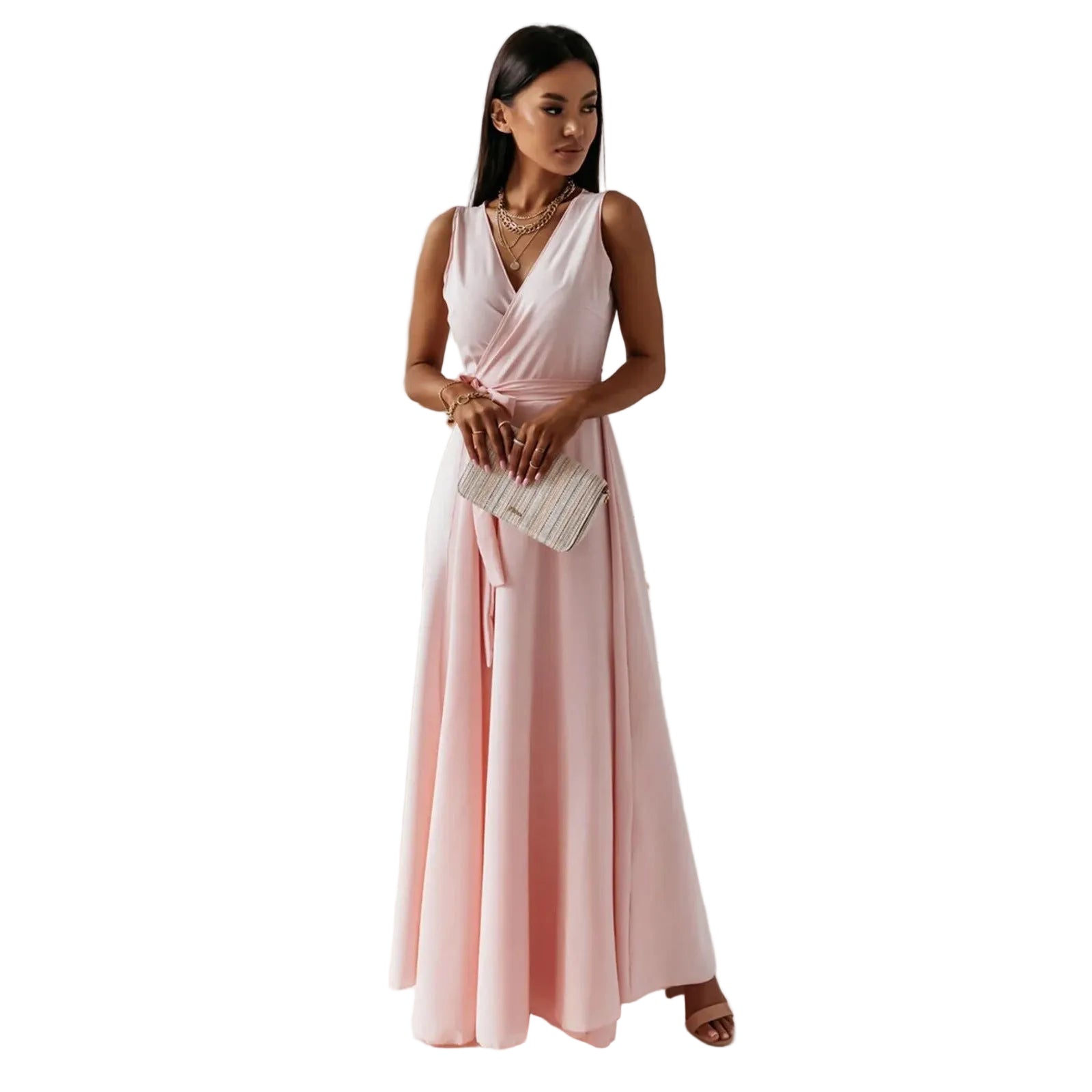 Women’s Sleeveless Wrap Flowy Evening Maxi Dress