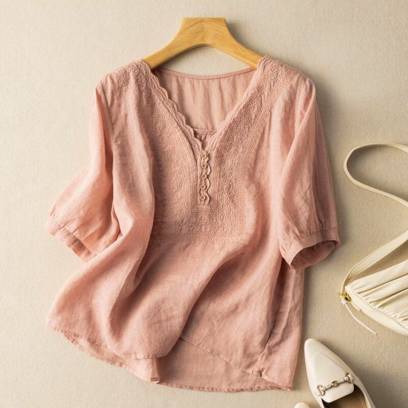 Women's Embroidered V-Neck Blouse with Relaxed Fit