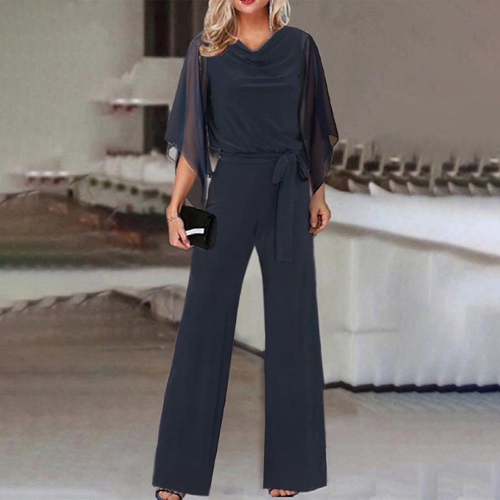 Women's Elegant Wide-Leg Jumpsuit with Cascading Neckline