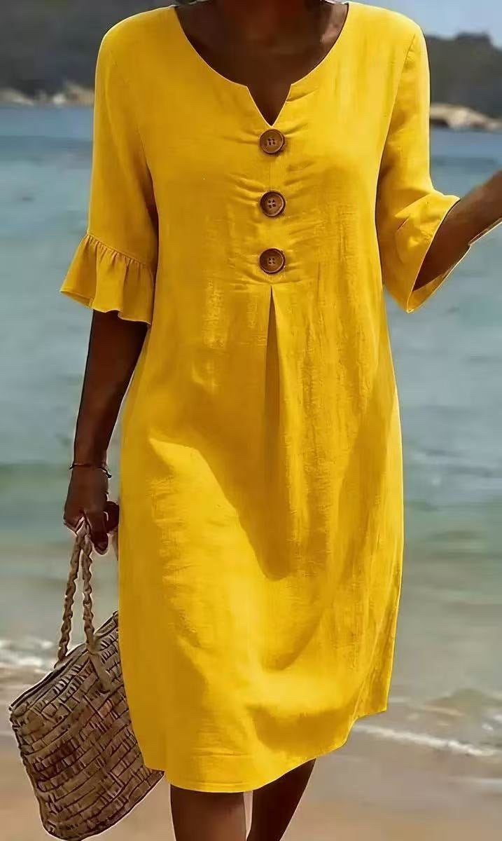 Women's V-Neck Button Ruffle Cuff Midi Dress