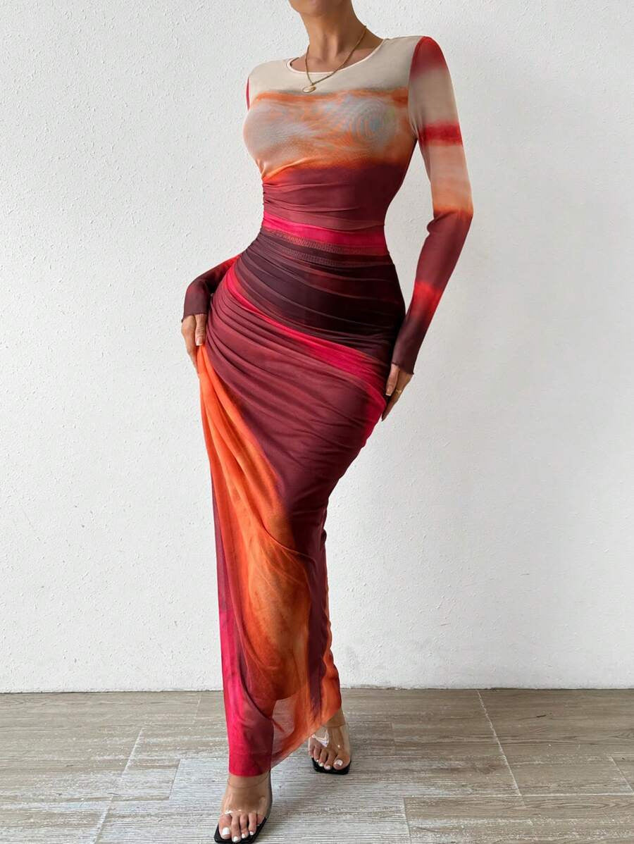 Women's Printed Bodycon Maxi Dress Long Sleeve