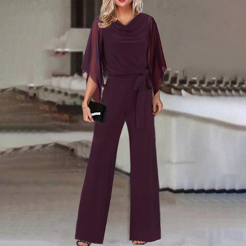 Women's Elegant Wide-Leg Jumpsuit with Cascading Neckline