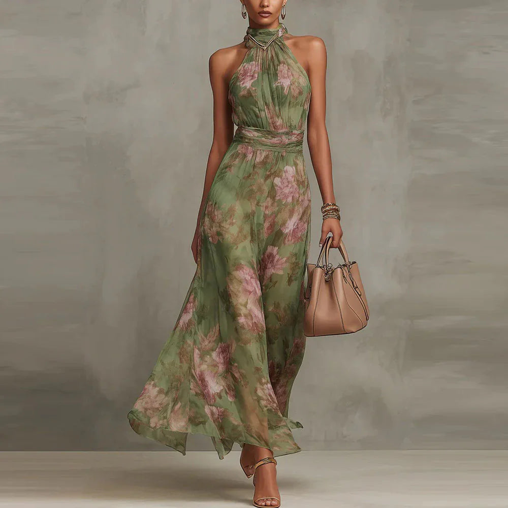 Women’s Floral Halter Maxi Dress with Flowing Skirt