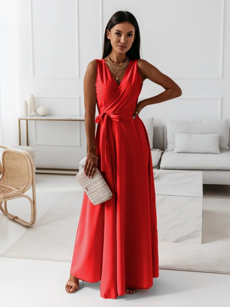 Women’s Sleeveless Wrap Flowy Evening Maxi Dress