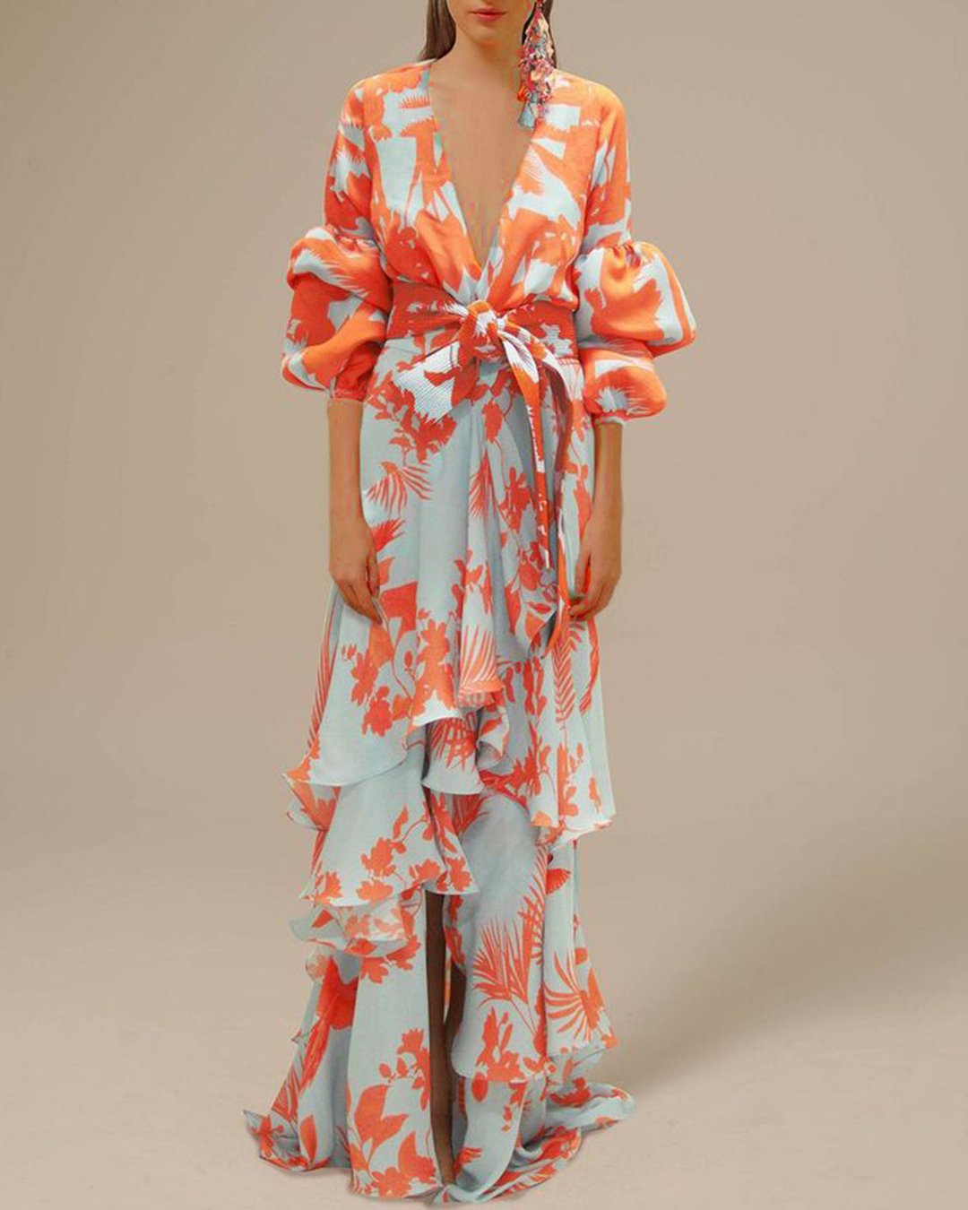 Women’s Printed Chiffon Ceremony Maxi Dress with Flowing Sleeves