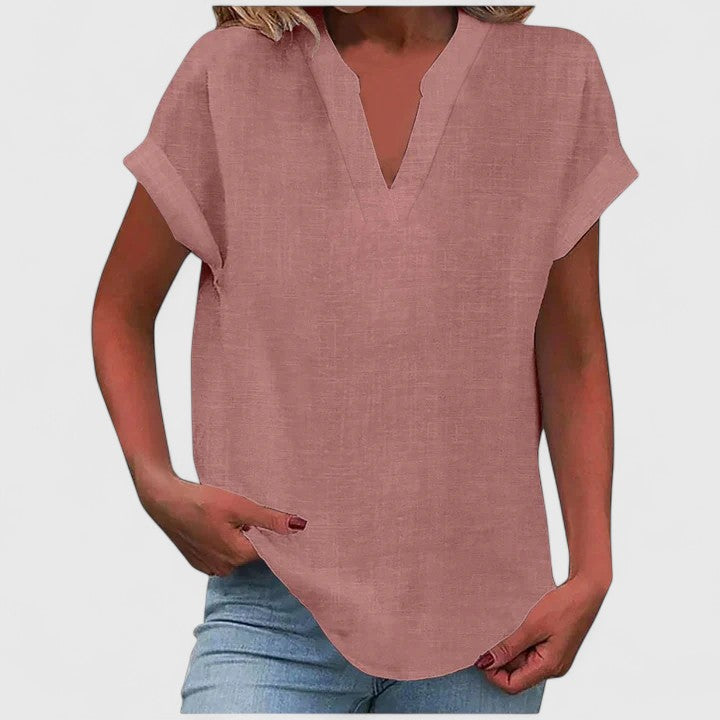 Women's V-Neck Blouse with Rolled Sleeves