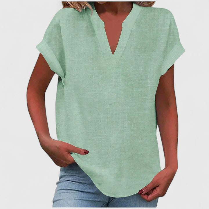 Women's V-Neck Blouse with Rolled Sleeves
