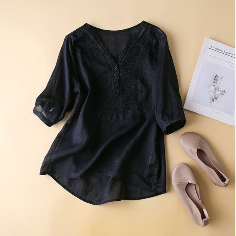 Women's Embroidered V-Neck Blouse with Relaxed Fit