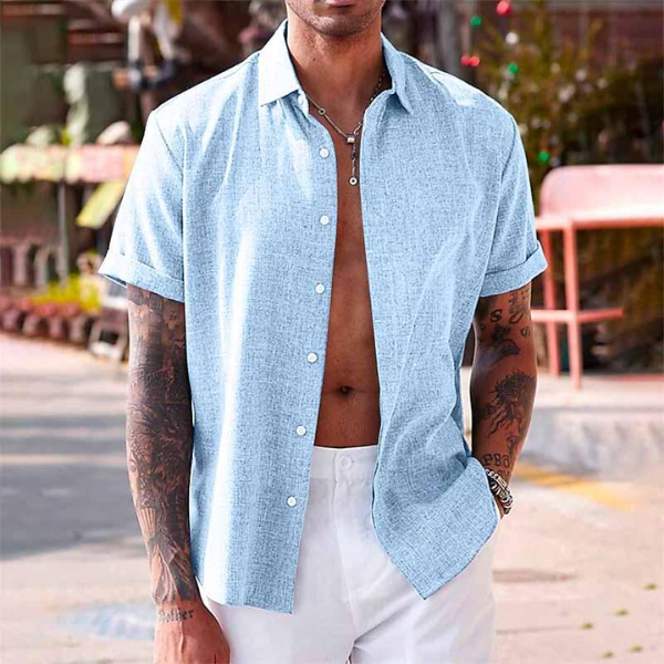 Relaxed Fit Short Sleeve Button Up Shirt for Men