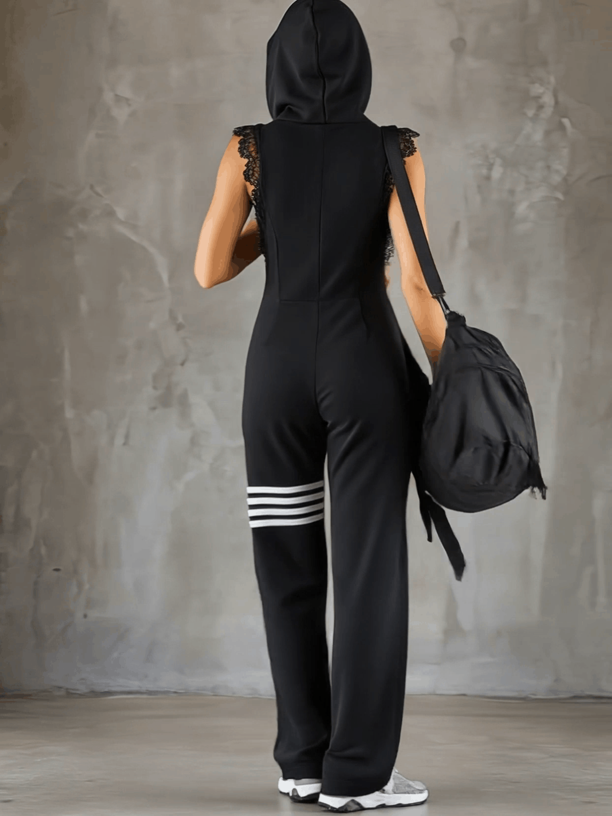 Women's Zip Front Wide Leg Jumpsuit with Sporty Stripe Detail