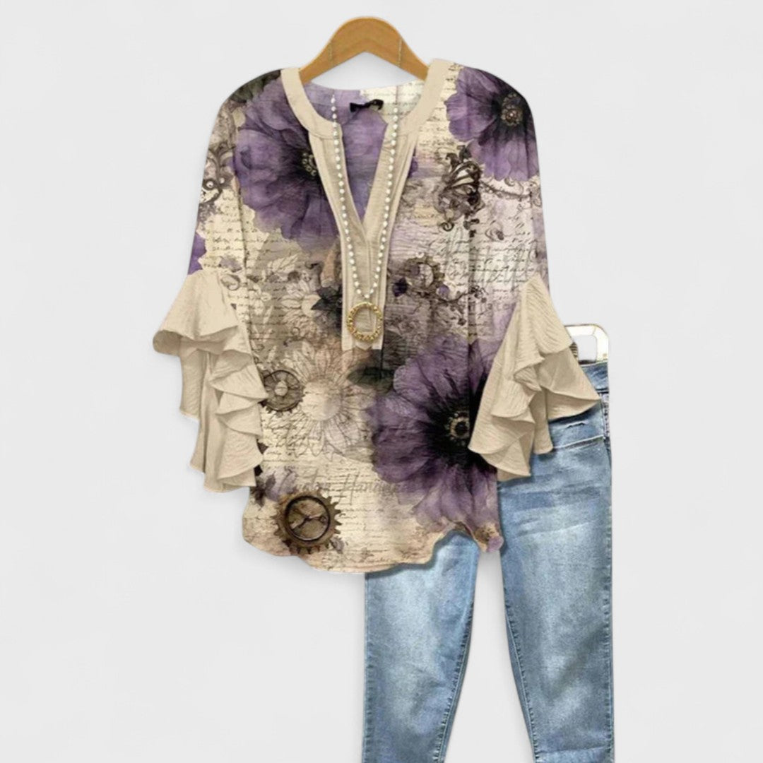 Women's V-Neck Blouse with Layered Ruffle Sleeves
