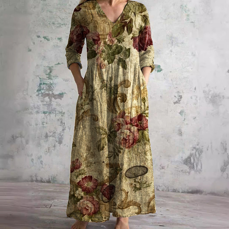 Women's Vintage Botanical Floral V-Neck Maxi Dress