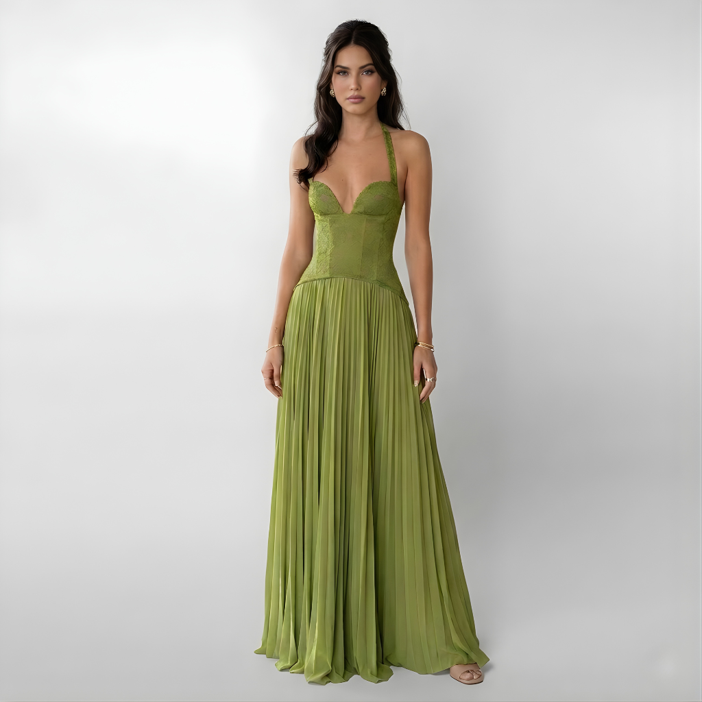 Women’s Elegant Flowy Pleated Halter Maxi Dress