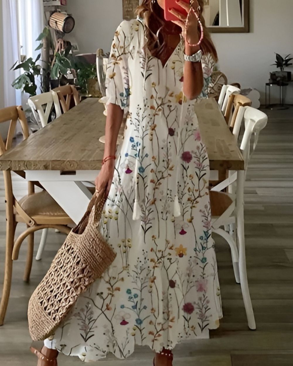 Women's Boho Tassel Tie-Front V-Neck Maxi Dress