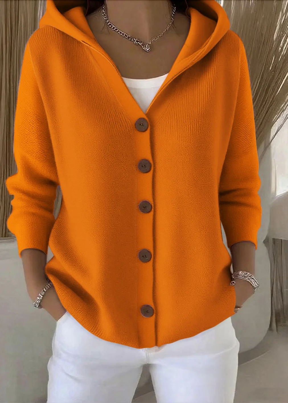 Women's Button-Up Hooded Knit Cardigan