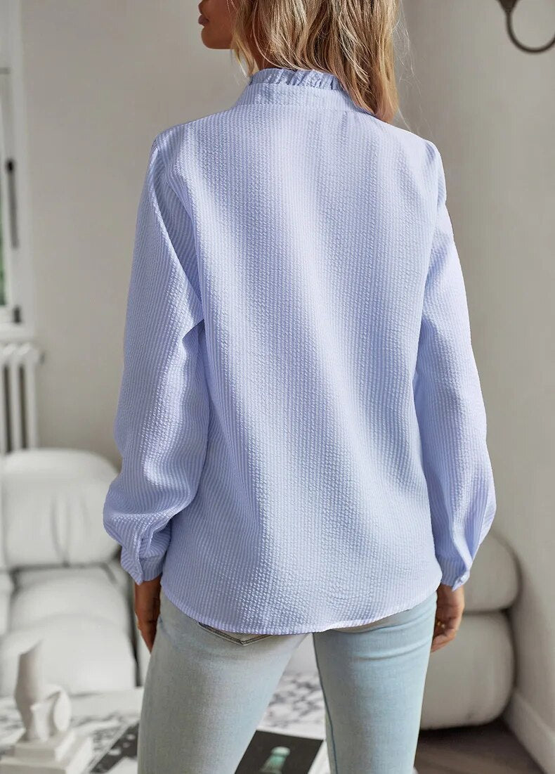Elegant Long Sleeve Casual Ruffle Front Button Blouse
