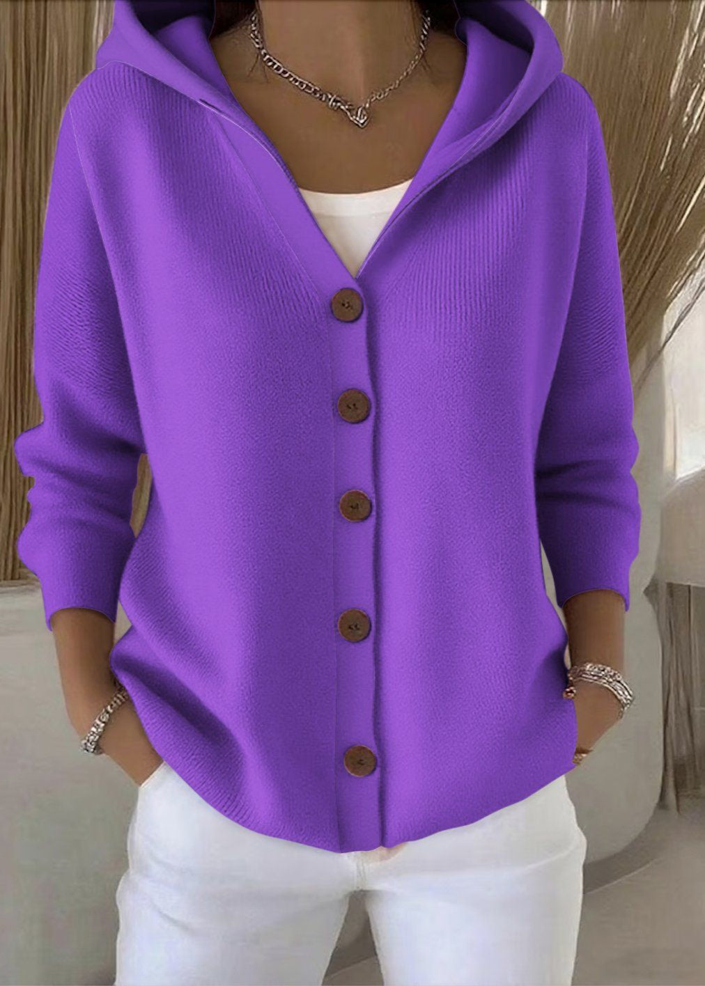 Women's Button-Up Hooded Knit Cardigan