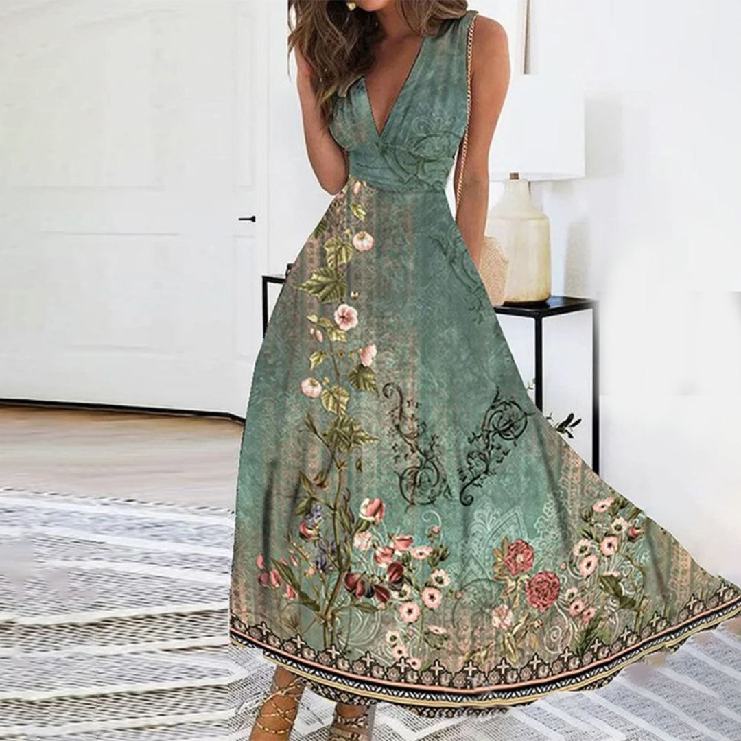 Women’s Sleeveless Floral V-Neck Maxi Dress with Flowing A-Line Silhouette