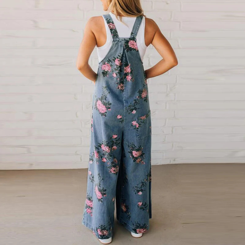 Women's Floral Print Wide Leg Overall Jumpsuit