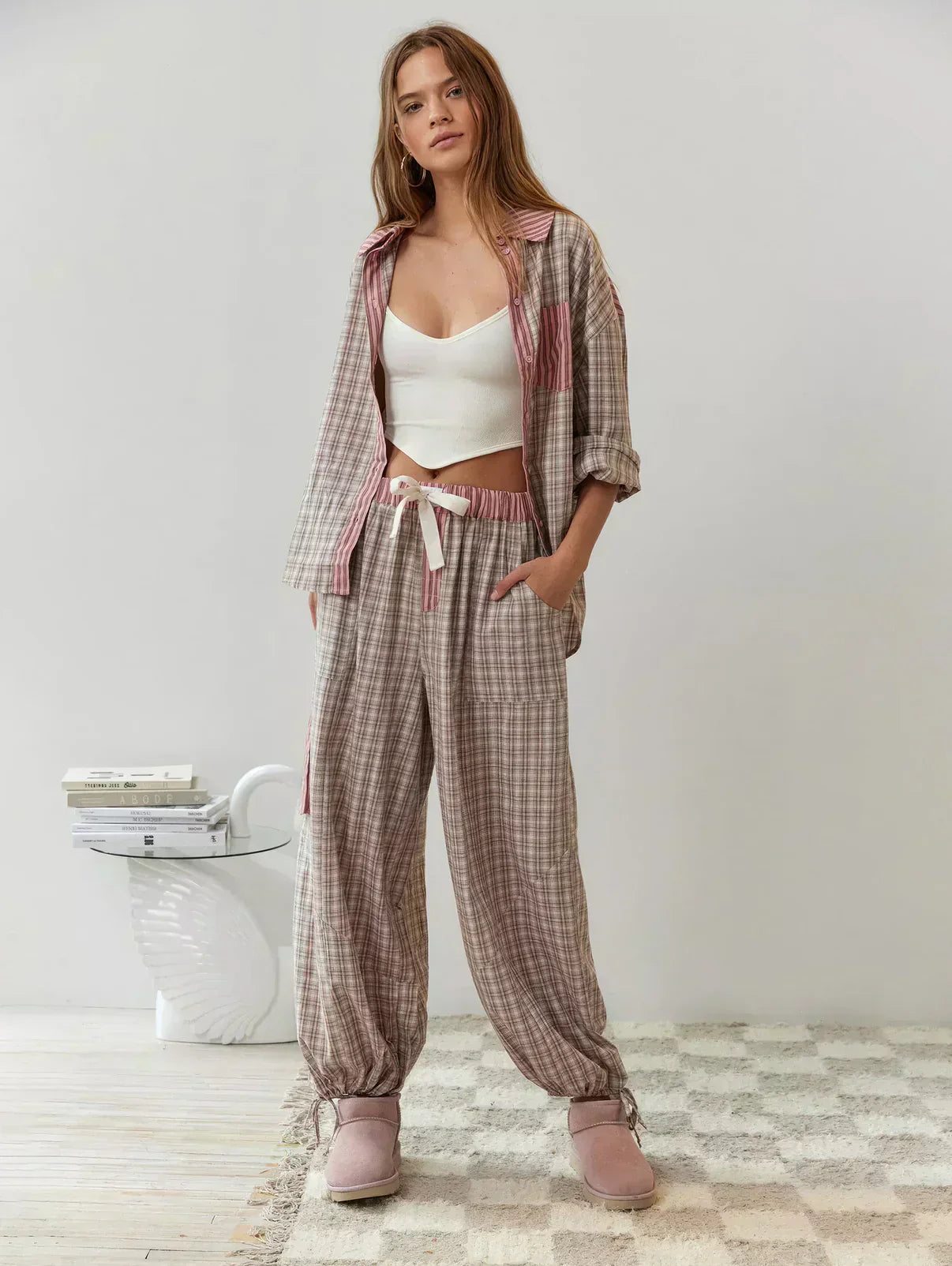 Women's Relaxed Plaid Loungewear Set with Wide-Leg Pants