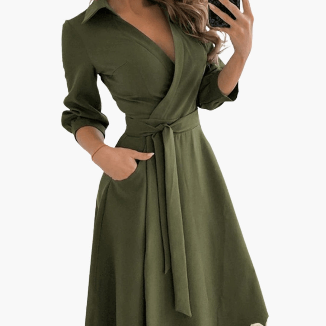 Elegant Midi Flared Women’s Dress with Lapel Collar