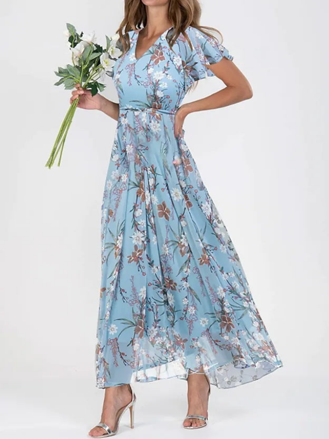 Women's Floral Flutter Sleeve V-Neck Maxi Dress with Flowing Silhouette