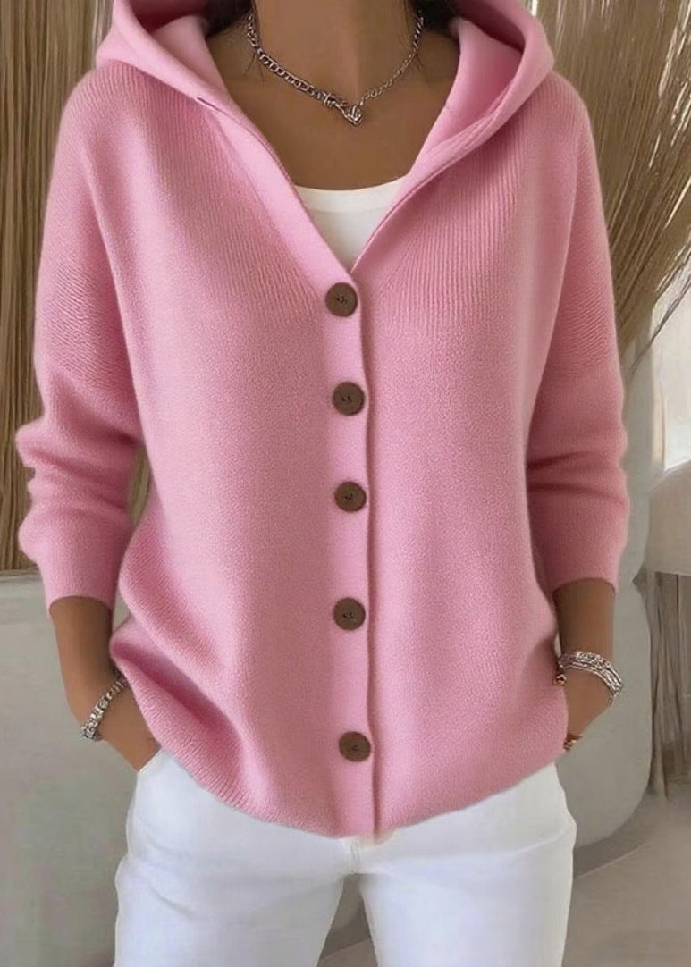 Women's Button-Up Hooded Knit Cardigan
