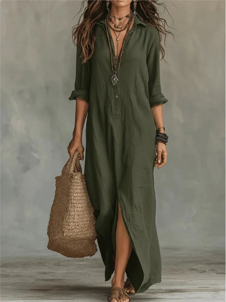 Women's Maxi Shirt Dress with Turn-Down Collar