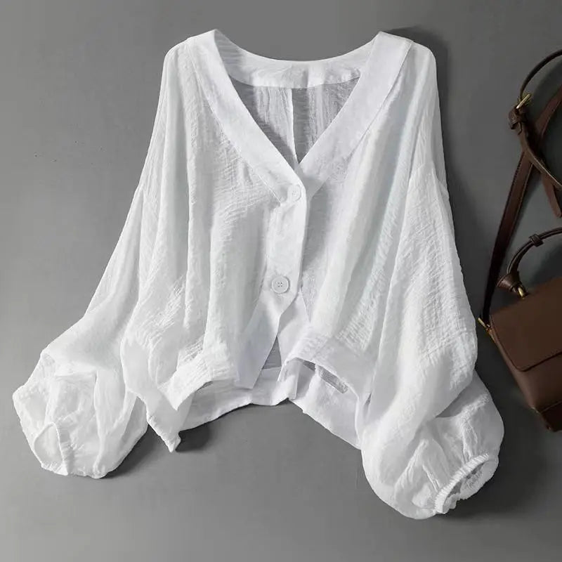Women's V-Neck Button-Front Blouse with Relaxed Long Sleeves