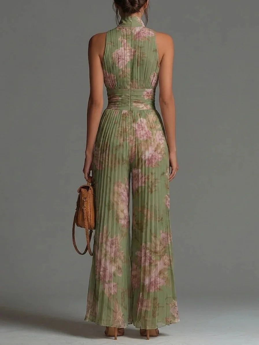 Women's Pleated Wide-Leg Jumpsuit with Halter Neckline