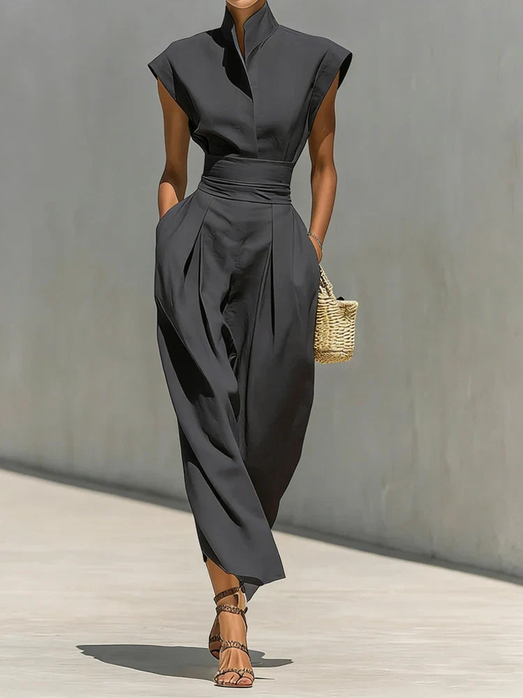 Women's Midi Dress with Stand Collar and Hidden Pockets