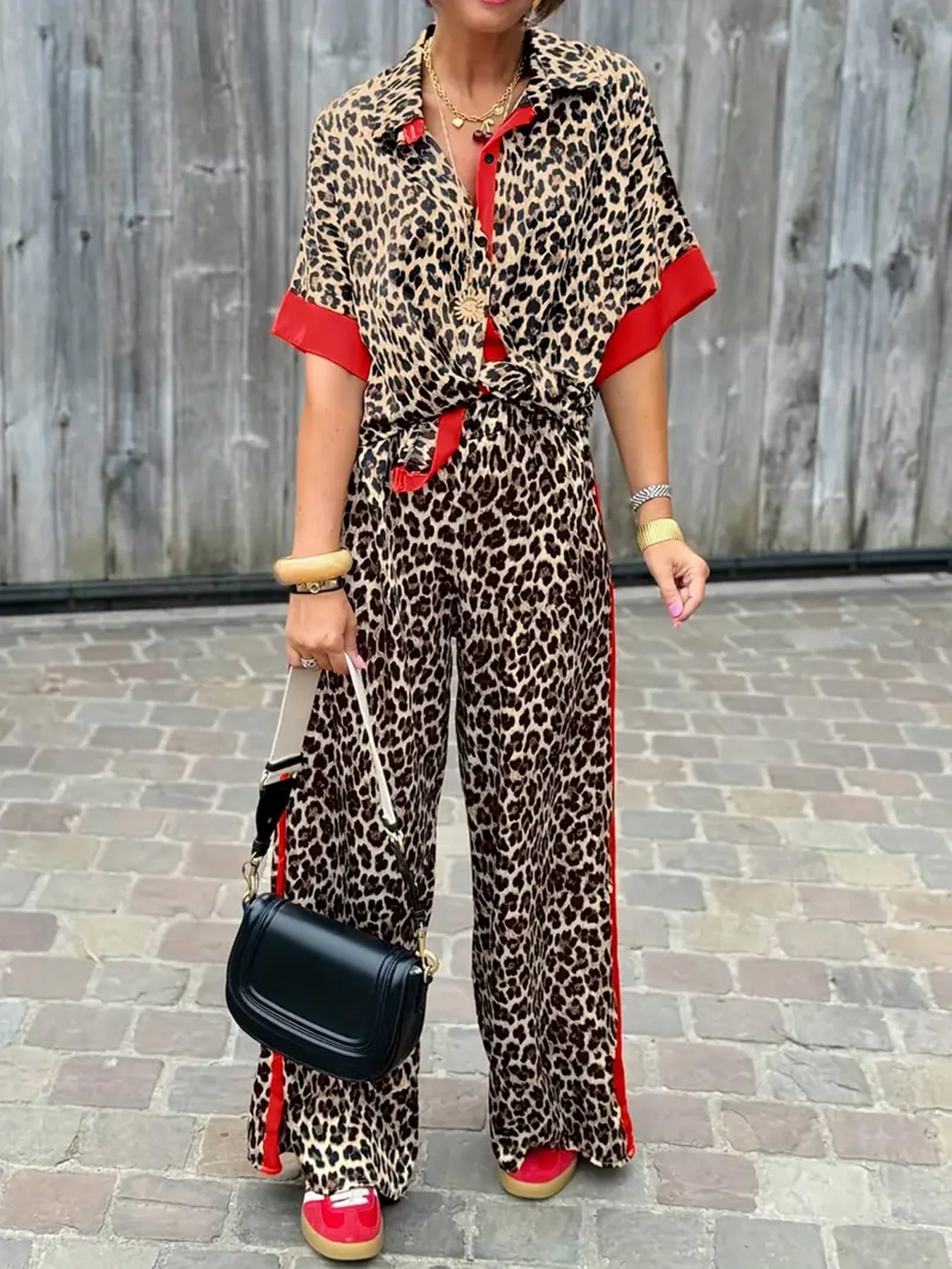 Women's Leopard Print Shirt and Wide Leg Pants Set