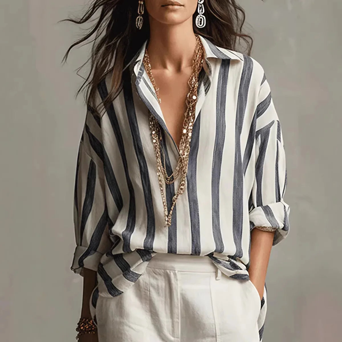 Women's Striped Long Sleeve Shirt with Relaxed Fit