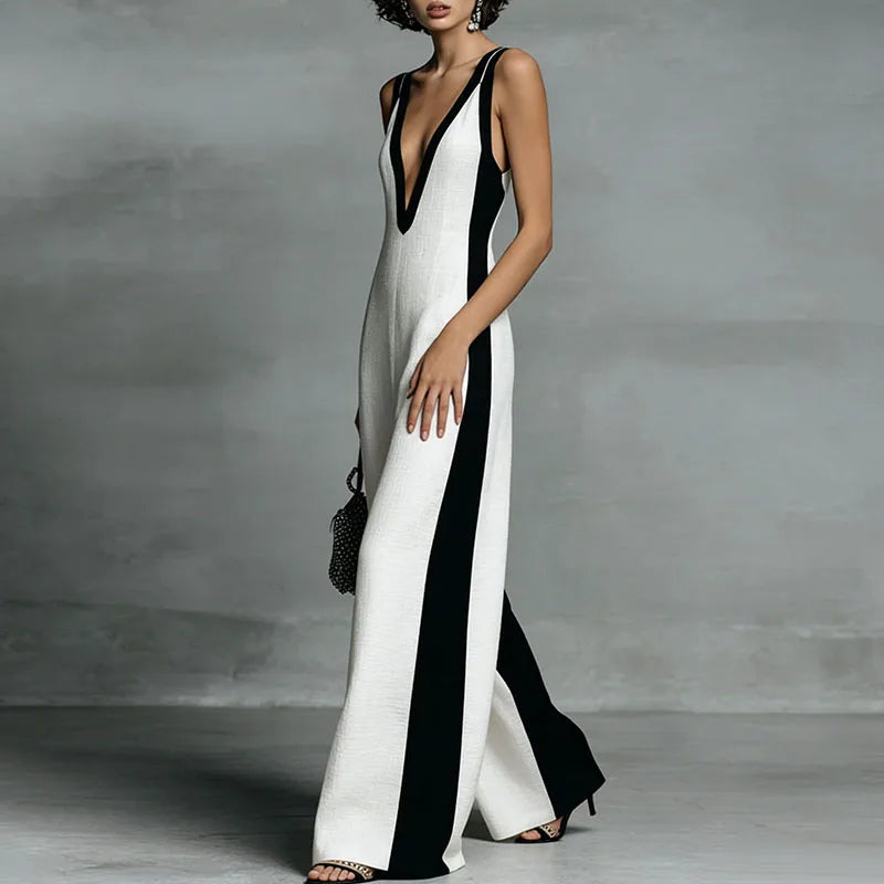 Women's Striped Wide-Leg Jumpsuit with Deep V-Neck