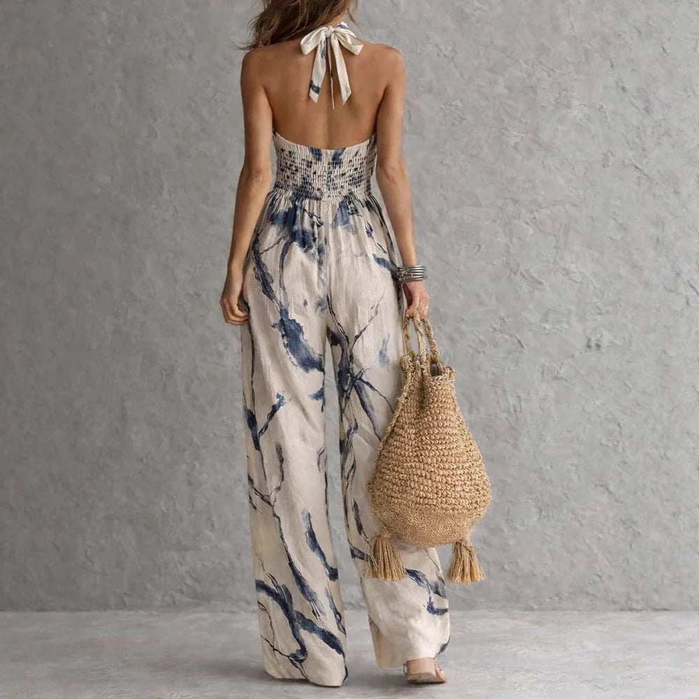 Women's Watercolor Print Halter Jumpsuit with Wide-Leg Silhouette
