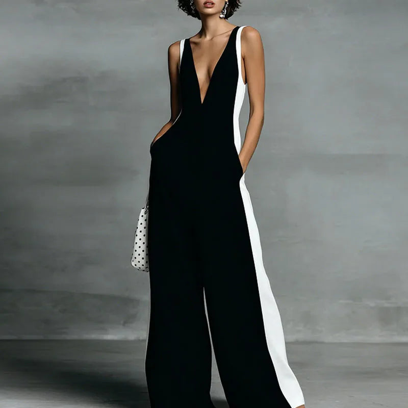 Women's Striped Wide-Leg Jumpsuit with Deep V-Neck