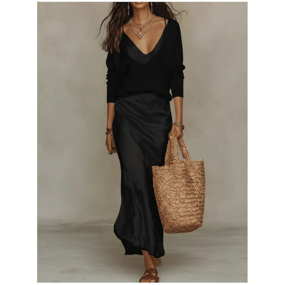 Women's V-Neck Top and Satin Maxi Dress Two-Piece Set