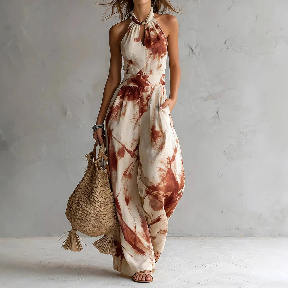 Women's Watercolor Print Halter Jumpsuit with Wide-Leg Silhouette