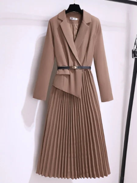 Elegant Pleated Blazer Dress with Stylish Belt