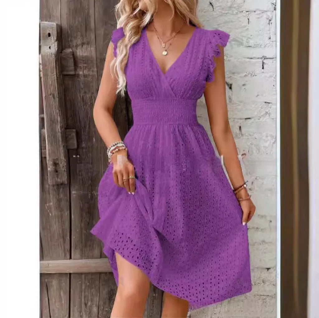 Women's V-Neck Eyelet Summer Dress A-Line
