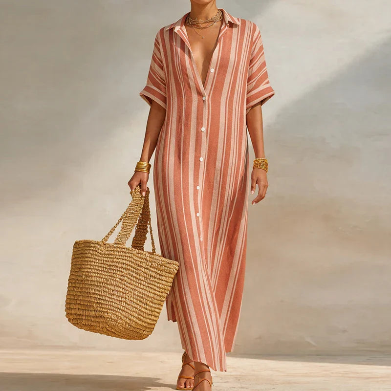Women's Striped Patchwork Maxi Dress with Collared Neckline