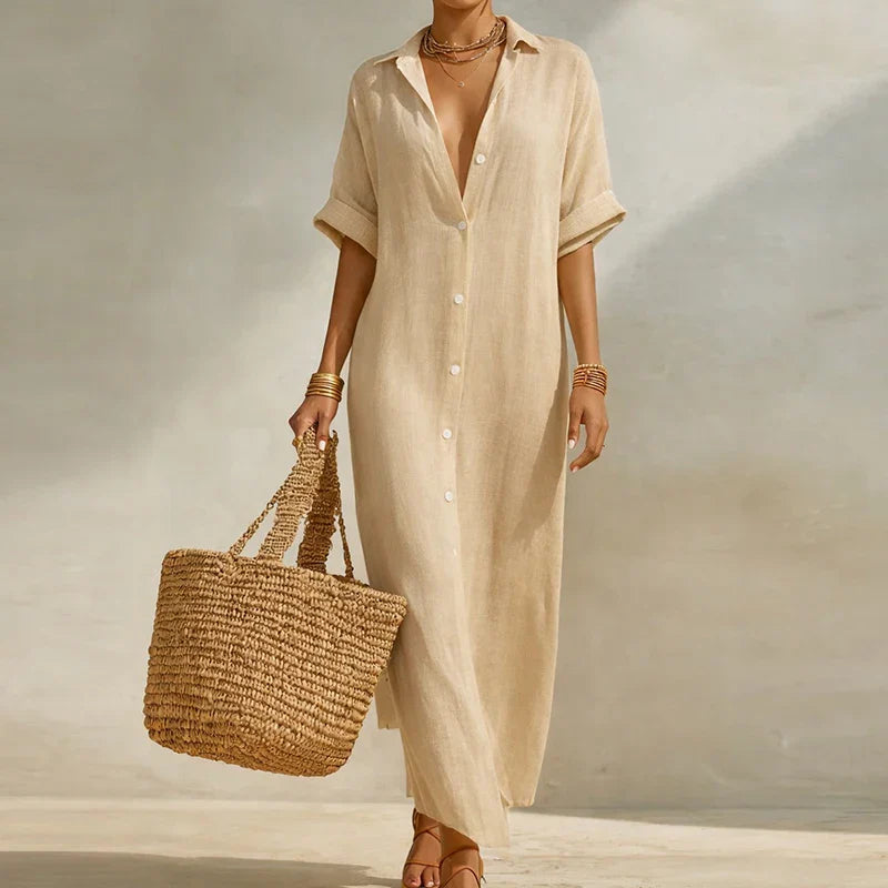 Women's Striped Patchwork Maxi Dress with Collared Neckline